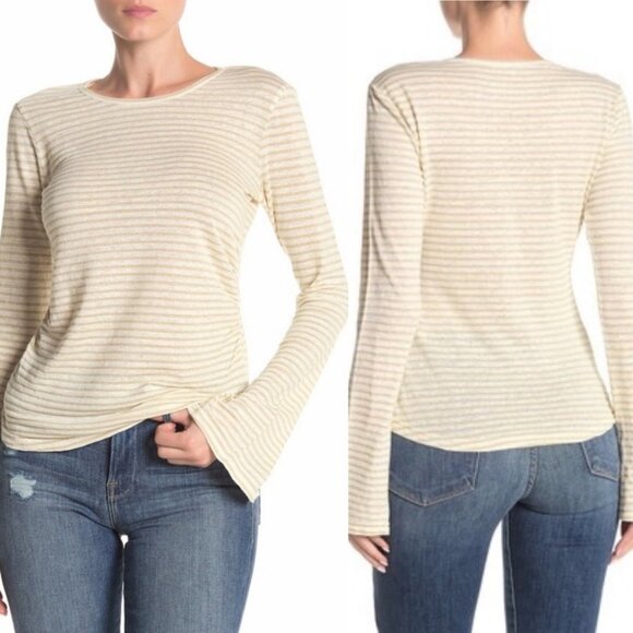 Frame Shirred Bell Sleeve Striped Linen T-Shirt Size Medium Tee LWTS059 Boho M - Picture 1 of 9